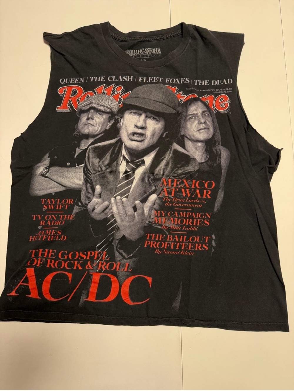 Vintage Black AC/DC Graphic Muscle Tee with Red & White Print